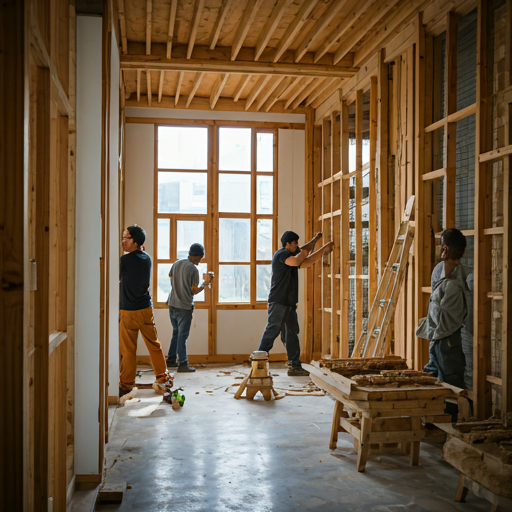 Renovation team working on building